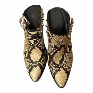 Rebecca Minkoff Black and Tan Snake Print Mules